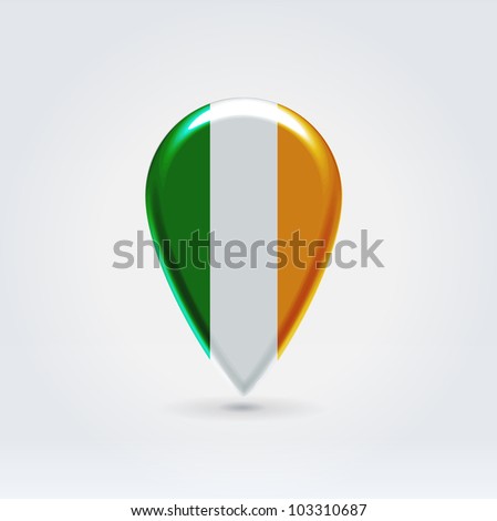 Glossy colorful Ireland map application point label symbol hanging over enlightened background