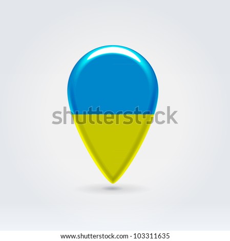Glossy colorful Ukraine map application point label symbol hanging over enlightened background