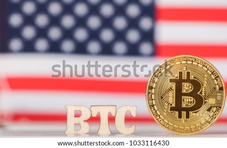 Bitcoin and BTC text against USA flag background