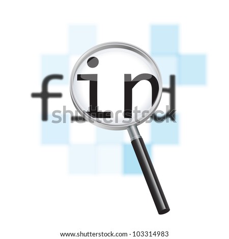 Internet search conceptual image. Magnifying glass focusing on the word 'find' against a defocused pixelated digital abstract background.