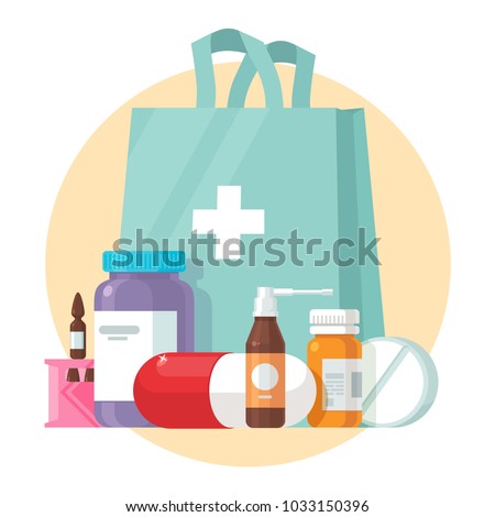 Medical supplies, bottles liquids, and pills vector cartoon illustration. Pharmacy purchases. Drugstore Concept. Health care objects. Eps 10 Royalty-Free Stock Photo #1033150396
