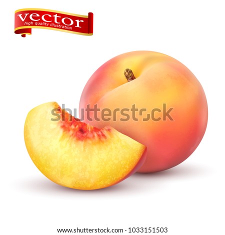 Realistic Ripe peaches, whole and slice. Juicy sweet fruit realistic 3d vector high detail isolated on white background. Ripe peaches, whole and slice. Vector illustration. Royalty-Free Stock Photo #1033151503