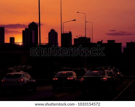 sunrise evening traffic and queuing many cars on izmir, turkey