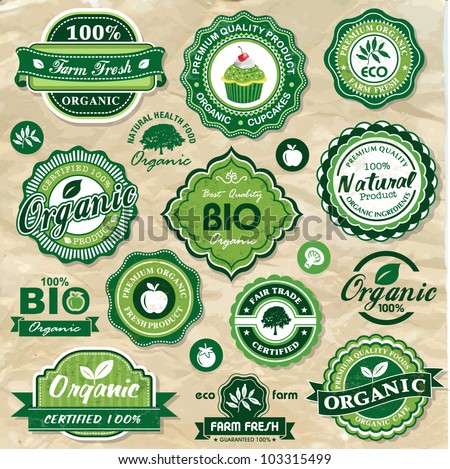 Collection of vintage retro grunge bio and eco organic labels natural products