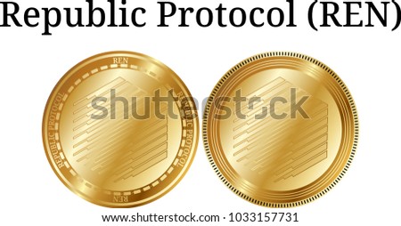 Set of physical golden coin Republic Protocol (REN), digital cryptocurrency. Republic Protocol (REN) icon set. Vector illustration isolated on white background.