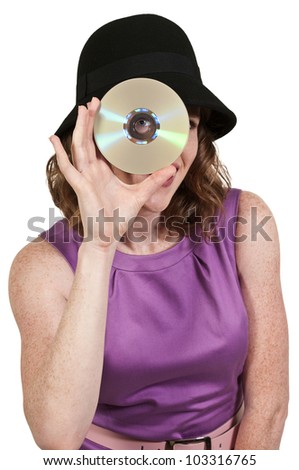 Beautiful woman holding a CD or Blue Ray DVD