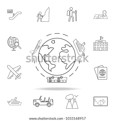 Travel around the world by airplane, bus and ship line Icon. Set of Tourism and Leisure icons. Signs, outline furniture collection, simple thin line icons for websites, web design on white background