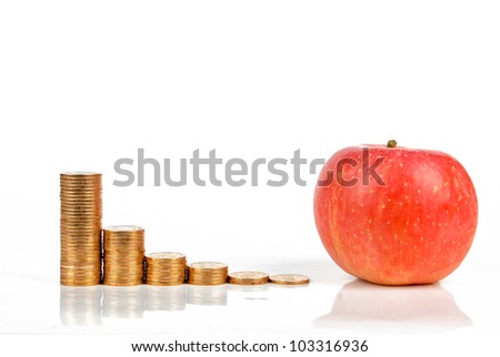 Apple and coin on white background