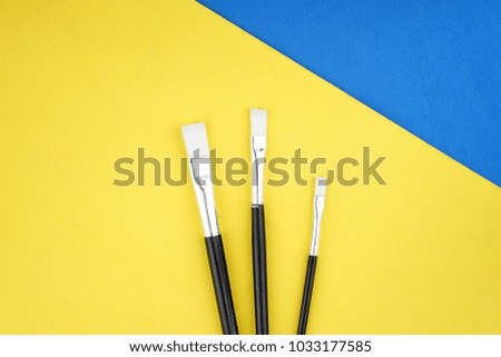 Three paint brushes on a yellow and blue background