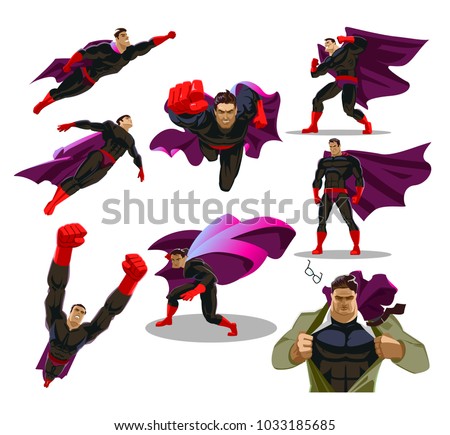 Comic superman actions in different poses. Hero set. Male super hero vector cartoon characters. Vector illustration. Set or collection of heroic cartoon character.