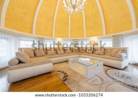 Interior of a luxury dome apartment villa, living room, domed ceiling, open plan