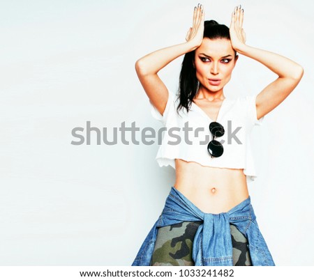 young pretty brunette girl hipster with makeup on white backgrou