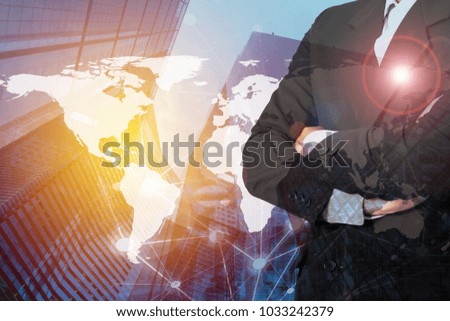 Double exposure businessman on business trading graph and smart city background. elements of this image furnished by NASA