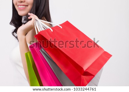 happy smiling girl shopping, excited woman holding shopping bag isolated, smiling girl happy woman shopping colorful bag, asian lady happy shopping concept cute pretty girl beautiful woman asian model