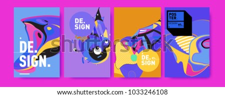 Abstract colorful collage poster design template. Cool geometric and fluid cover design. Blue, yellow, red, orange, pink and green. Vector banner poster template in Eps10.
