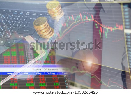 Charts of financial instruments with various type of indicators combine with gold and account book and money.Concept investment
