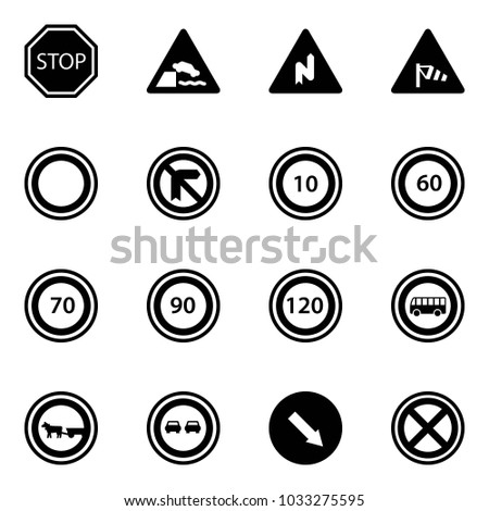 Solid vector icon set - stop vector road sign, embankment, abrupt turn right, side wind, prohibition, speed limit 10, 60, 70, 90, 120, no bus, cart horse, overtake, detour