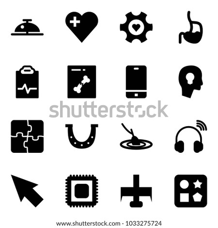Solid vector icon set - client bell vector, heart, gear, stomach, pulse clipboard, x ray, phone, head bulb, puzzle, luck, fishing, wireless headphones, cursor, cpu, milling cutter, cube hole toy