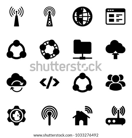 Solid vector icon set - antenna vector, globe, website, social, friends, network folder, upload cloud, refresh, tag code, community, group, gear, wireless home, wi fi router