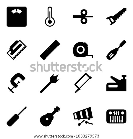 Solid vector icon set - floor scales vector, thermometer, steel rolling, saw, trowel, level, measuring tape, chisel, clamp, wood drill, metal hacksaw, stapler, awl, guitar, xylophone, toy piano