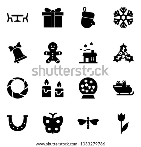 Solid vector icon set - cafe vector, gift, christmas glove, snowflake, bell, cake man, house, holly, wreath, candle, snowball, santa sleigh, luck, butterfly, dragonfly, tulip