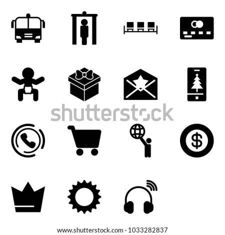 Solid vector icon set - airport bus vector, metal detector gate, waiting area, credit card, baby, gift, star letter, christmas mobile, phone horn, cart, world, dollar, crown, sun