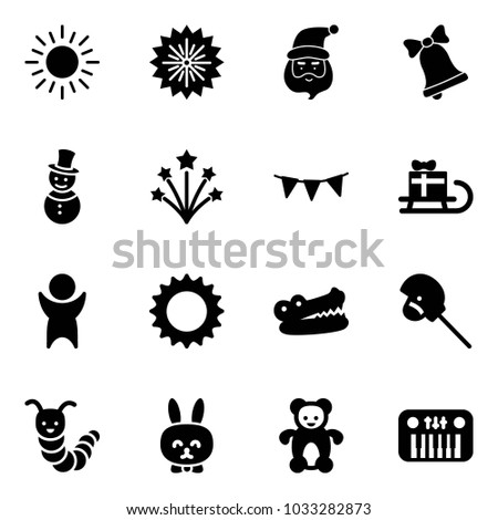 Solid vector icon set - sun vector, firework, santa claus, bell, snowman, flag garland, sleigh gift, success, crocodile, horse stick toy, caterpillar, rabbit, bear, piano