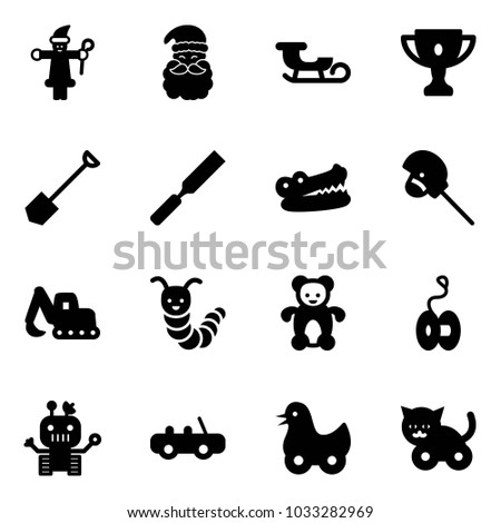 Solid vector icon set - santa claus vector, sleigh, gold cup, shovel, rasp, crocodile, horse stick toy, excavator, caterpillar, bear, yoyo, robot, car, duck, cat