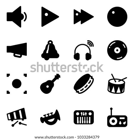 Solid vector icon set - low volume vector, play, fast forward, record, loudspeaker, bell, wireless headphones, cd, button, guitar, tambourine, drum, xylophone, horn toy, piano, radio