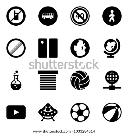 Solid vector icon set - no mobile sign vector, bus road, end minimal speed limit, pedestrian way, pause, globe, round flask, jalousie, volleyball, playback, ufo toy, soccer ball, beach