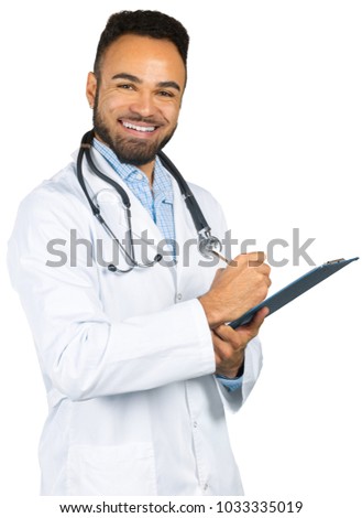 African-American black doctor man isolated white background