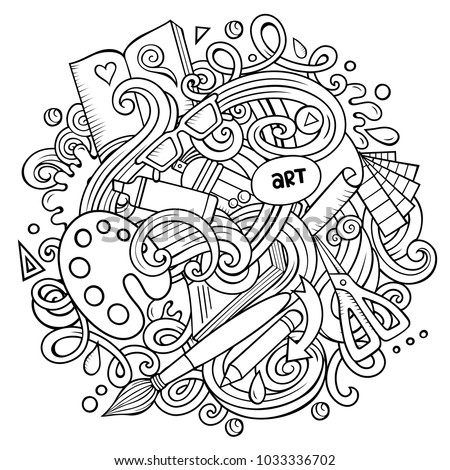 Cartoon vector doodles Art and Design illustration. Line art, detailed, with lots of objects background. All objects separate. Contour artistic funny picture