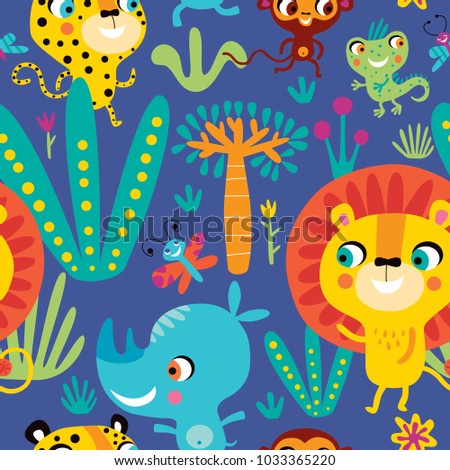 Seamless pattern with cute African animals on a blue background. 