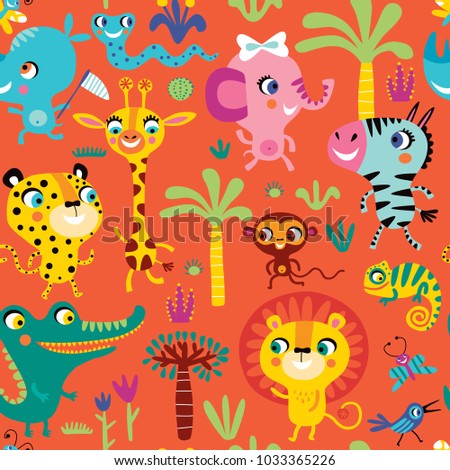 Seamless pattern with cute African animals on an orange background. 