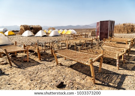  danakil  ethiopia africa  in the  national park camping for tourist and typical oitside wooden bed made of wicker 
