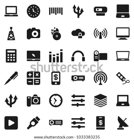 Flat vector icon set - pen vector, notebook pc, clock, barcode, music hit, camera, antenna, equalizer, headphones, play button, hdmi, cloud lock, big data, route arrow, wireless, calculator, tap pay