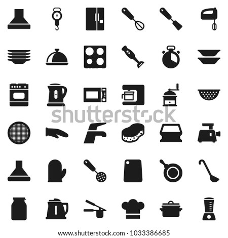 Flat vector icon set - water tap vector, sponge, plates, pan, kettle, colander, scales, cook hat, glove, timer, press, whisk, skimmer, spatula, ladle, cutting board, hand mill, microwave oven, sieve