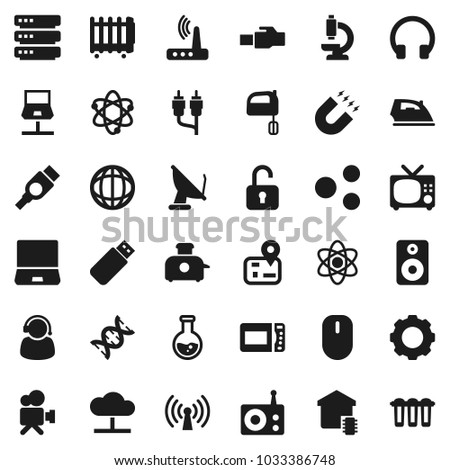 Flat vector icon set - iron vector, mixer, atom, magnet, world, flask, navigator, radio, video camera, headphones, notebook pc, speaker, rca, hdmi, dna, microscope, network, cloud, big data, gear