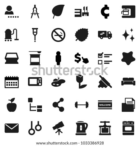 Flat vector icon set - vacuum cleaner vector, sponge, shining, splotch, welcome mat, kettle, cook press, rolling pin, drawing compass, apple fruit, telescope, leaf, exam, man, calendar, cent sign