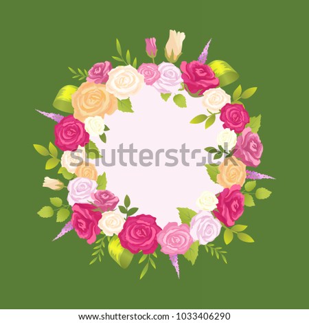 Decorative wreath made of gentle rose flowers and lavender, vector illustration round frame made of blooming flowers, green leaves vector illustration