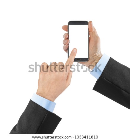 Hands with smartphone isolated on white background