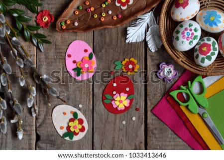 Making of handmade easter eggs from felt with your own hands. Children's DIY concept. Making Easter decoration or greeting card
