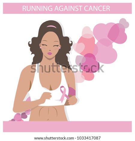 Cute Black girl running against cancer.  Flat Illustration of a Woman in vector. Healthiness medical campaign icon