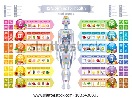 Mineral Vitamin supplement, human female body, food, Health benefit banner, flat vector icon set text letter logo. Table illustration poster, medicine chart. Diet balance medical Infographic diagram Royalty-Free Stock Photo #1033430305