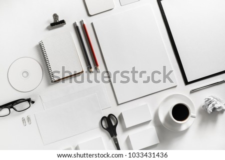 Blank stationery set on paper background. Template for branding identity. For graphic designers portfolios. Top view.