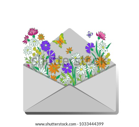 Open envelope with flowers. Spring greeting card.