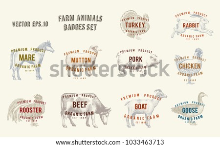 Labels with farm animals. Set templates price tags for shops and markets of organic food. Vector illustration art. Retro. Hand drawn animals.