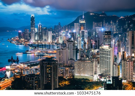 Hong Kong Island blue hour time view from Braemar hill, A destination viewpoint to observe Victoria Harbour, Hong Kong city skyline