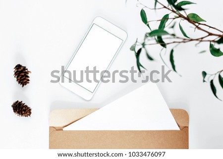 envelope with a letter, cones and phone