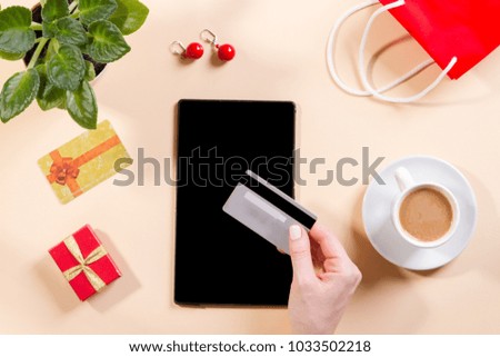 concept online shopping white background top view mock up